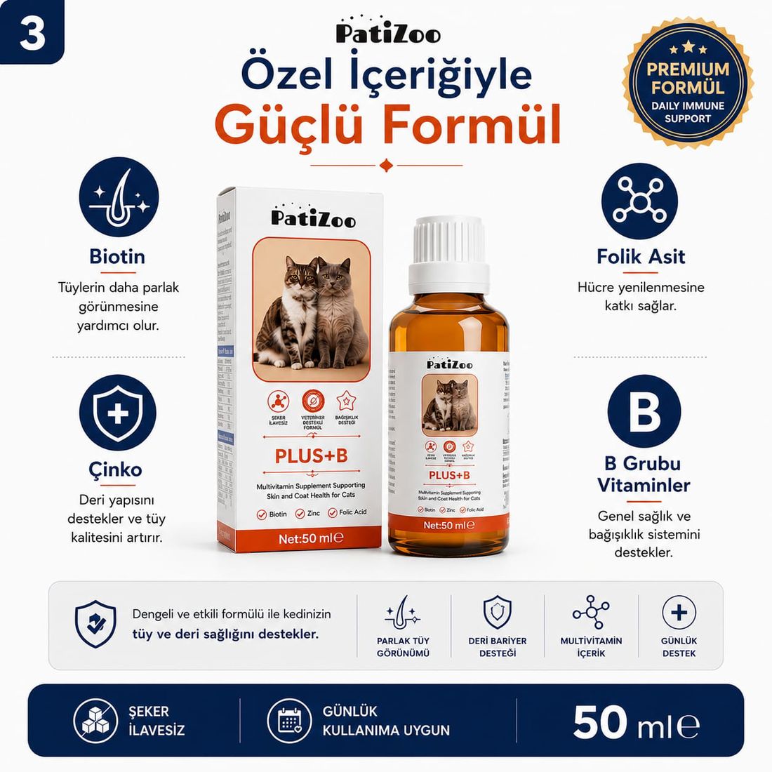 Patizoo Plus B Kedi Tüy Sağlığı Damlası 50 ml - Tüy Dökülmesini Azaltmaya Yardımcı Bakım Desteği - Görsel 3