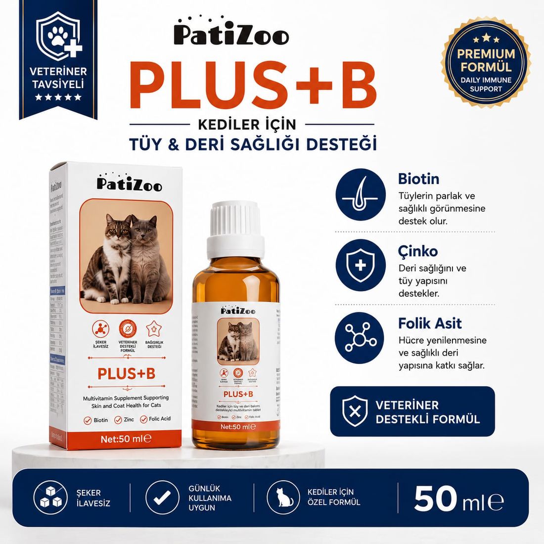 Patizoo Plus B Kedi Tüy Sağlığı Damlası 50 ml – Tüy Dökülmesini Azaltmaya Yardımcı Bakım Desteği