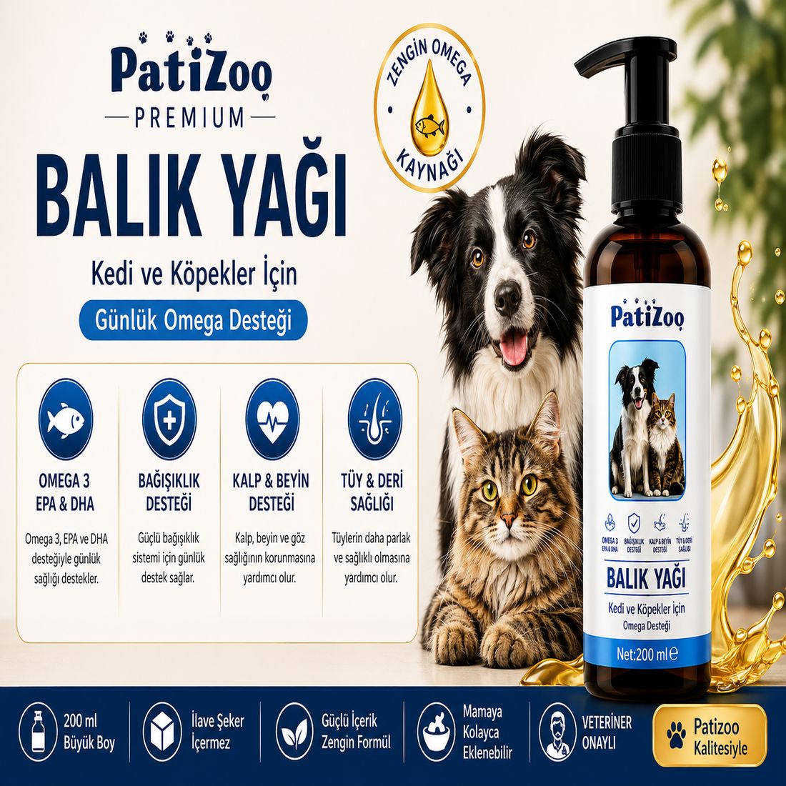 Patizoo Fish Oil 200 ml | Kedi ve Köpekler İçin Omega 3 & Omega 6, EPA DHA Balık Yağı, Tüy ve Deri Sağlığı Destekleyici Pet Supplement