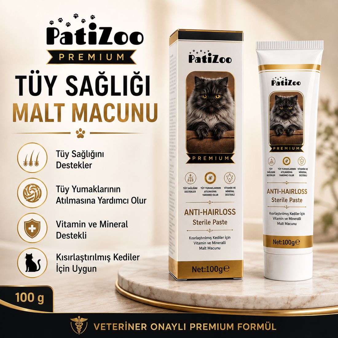 Patizoo Premium Sterile Kedi Malt Macunu 100 g | Tüy Sağlığı Desteği, Tüy Yumağı Kontrolü ve Vitamin Destekli Formül